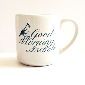 Fishs Eddy Original Good Morning Axxhole Mug White and Blue with Bird 10oz
